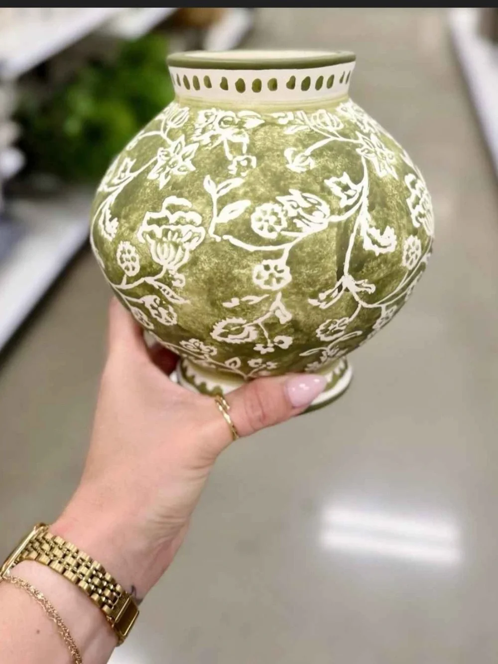 Short Floral Painted Ceramic Vase Green - Threshold™